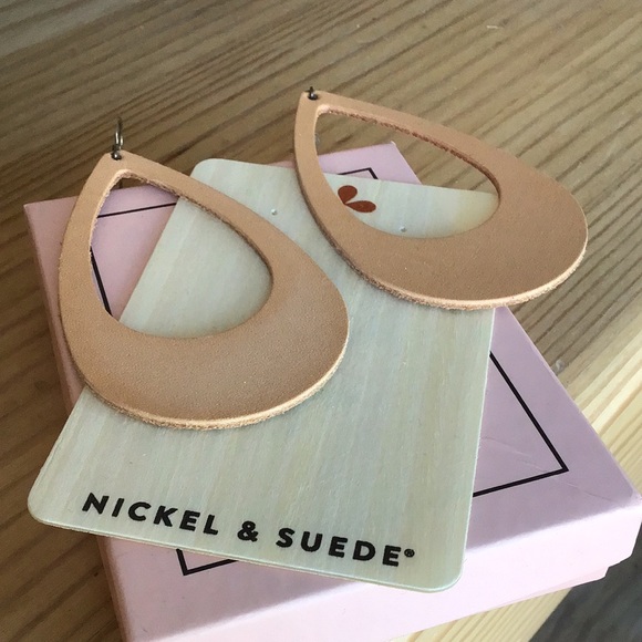 New Leather Cutout London Tan Tear Drop Nickel & Suede Earrings - Picture 2 of 5